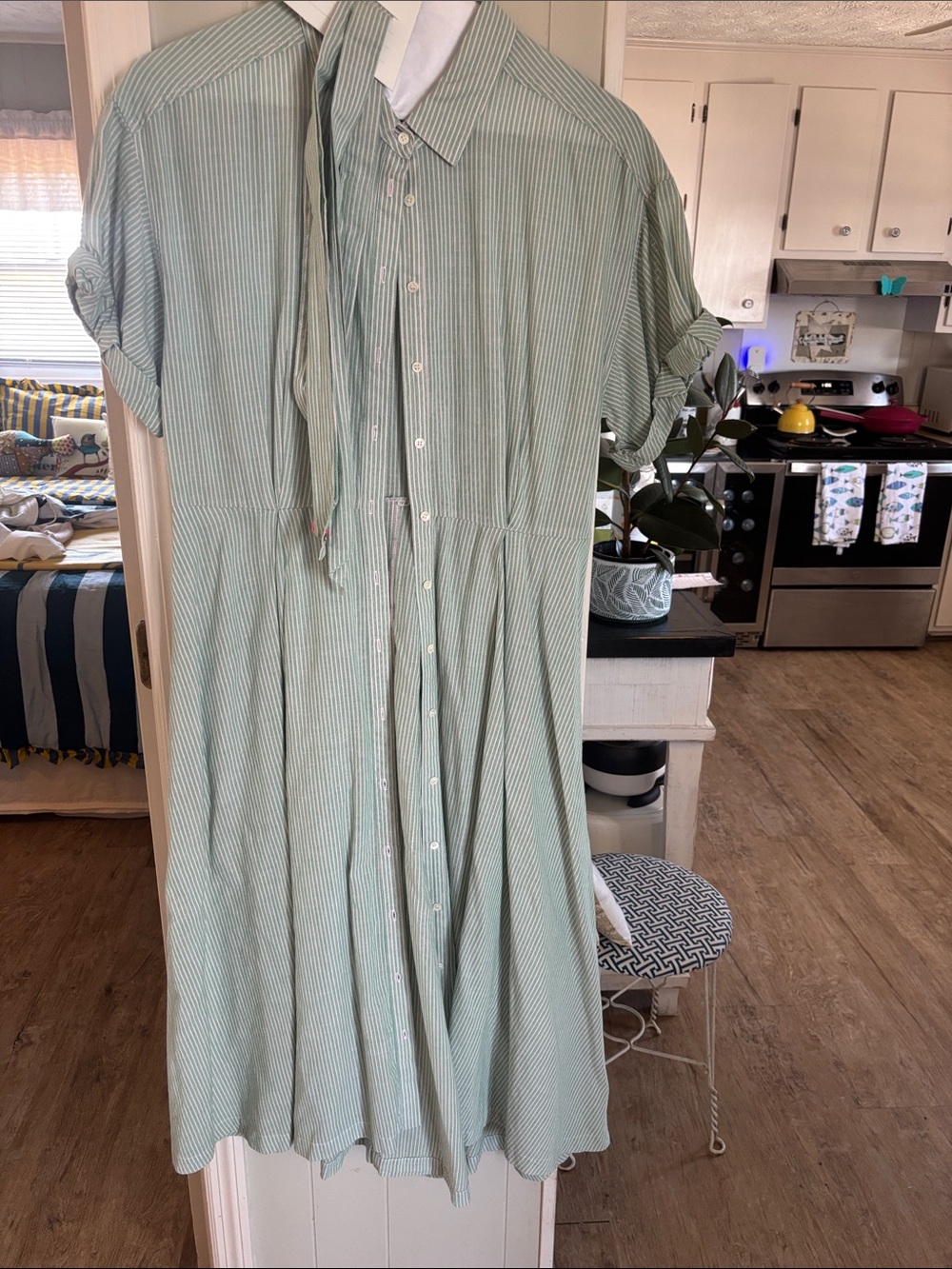 XiRENA Mint Green Striped Button-Front Shirt Dress
